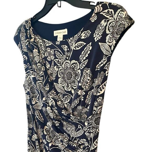 Coldwater Creek Sz 6 Navy Blue Floral Ruching Front Side Slit Maxi Dress - Picture 4 of 9